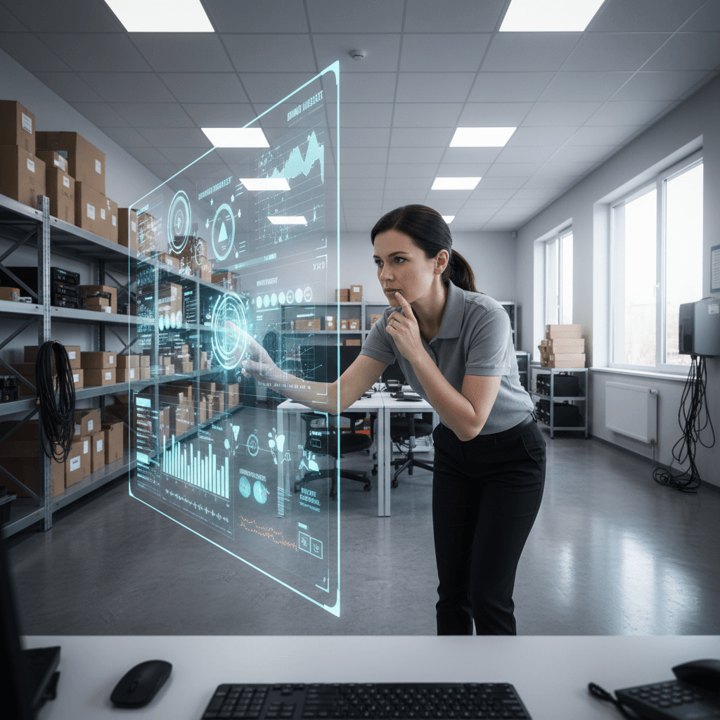Warehouse management system dashboard, logistics software interface, dark industrial warehouse with organized shelving